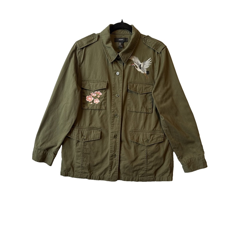 Forever 21 Military Embroidered Crane Bird Floral Utility Jacket M Boho Gorpcore